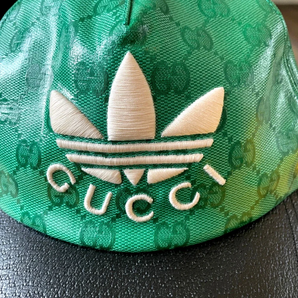 Gucci x Adidas GG Supreme Baseball Cap Hat Green Black Canvas Unisex Size M